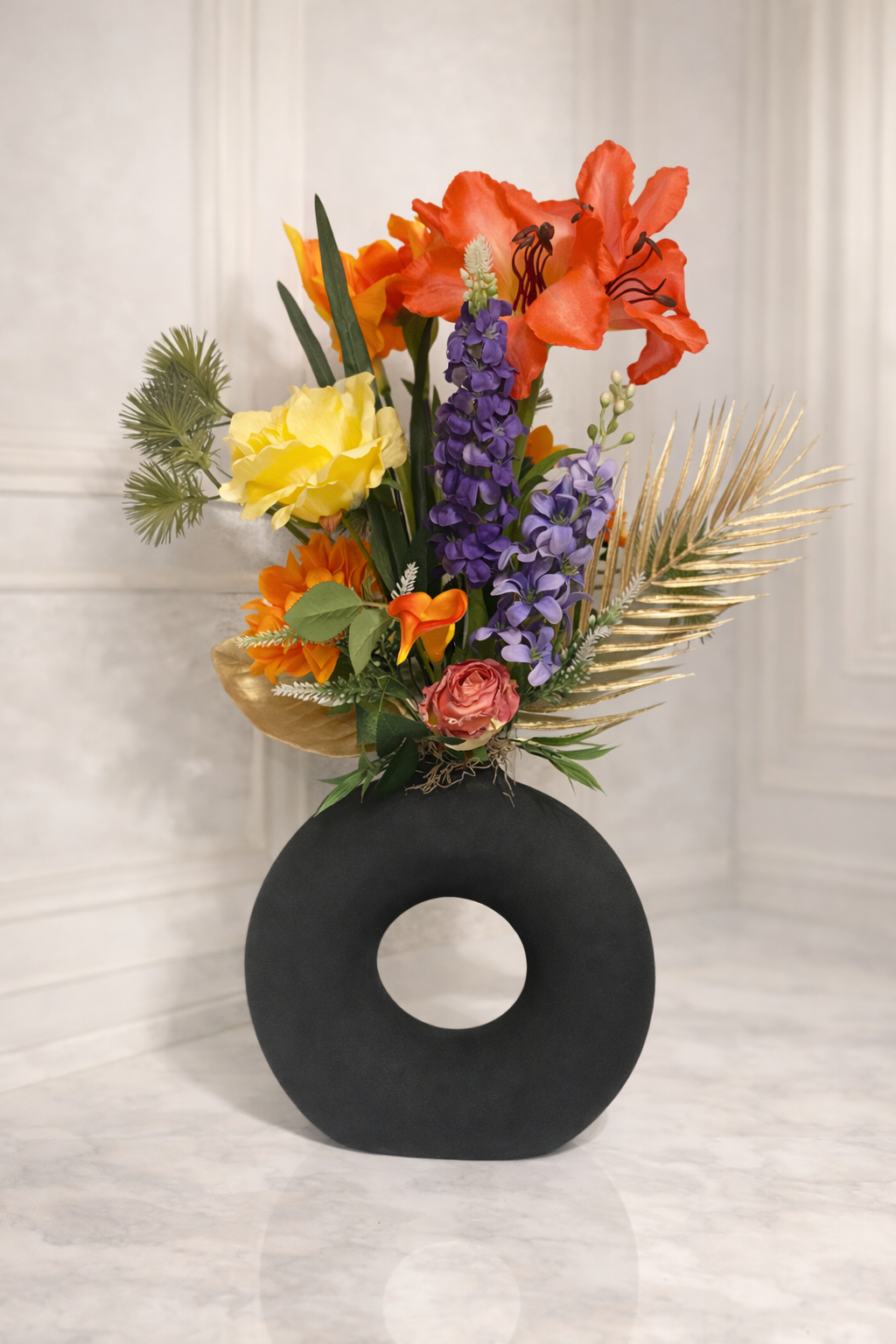 tropisch kunstbloemen bloemstuk oranje paars 70cm met vaas