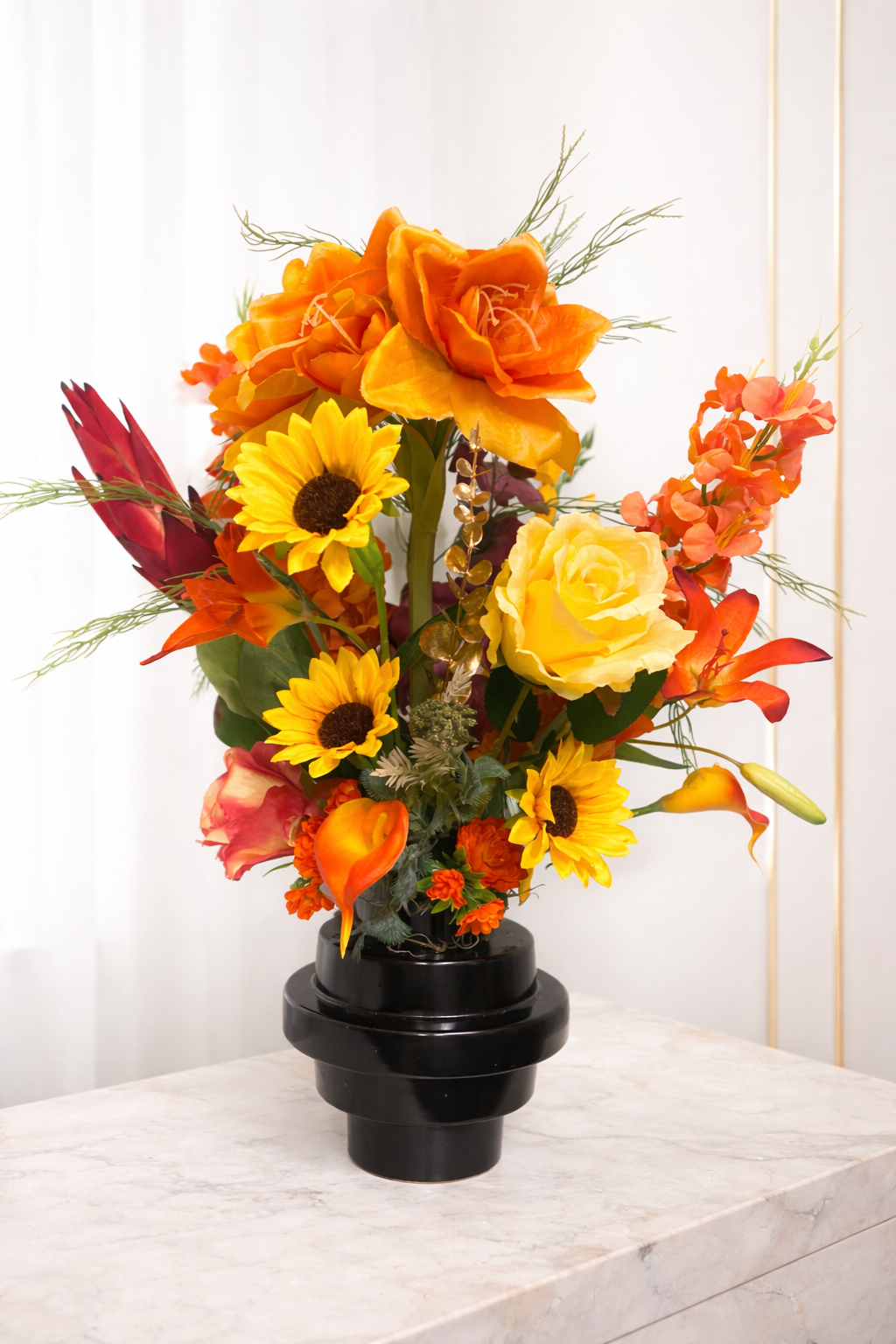 kunstbloemen bloemstuk zonnebloemen oranje geel 60cm met vaas