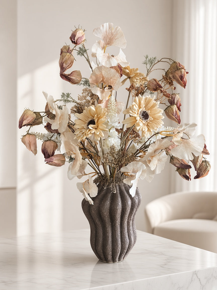 Exclusief Japandi Kunstbloemstuk met Vaas – Extra Vol in Crème & Beige 80cm
