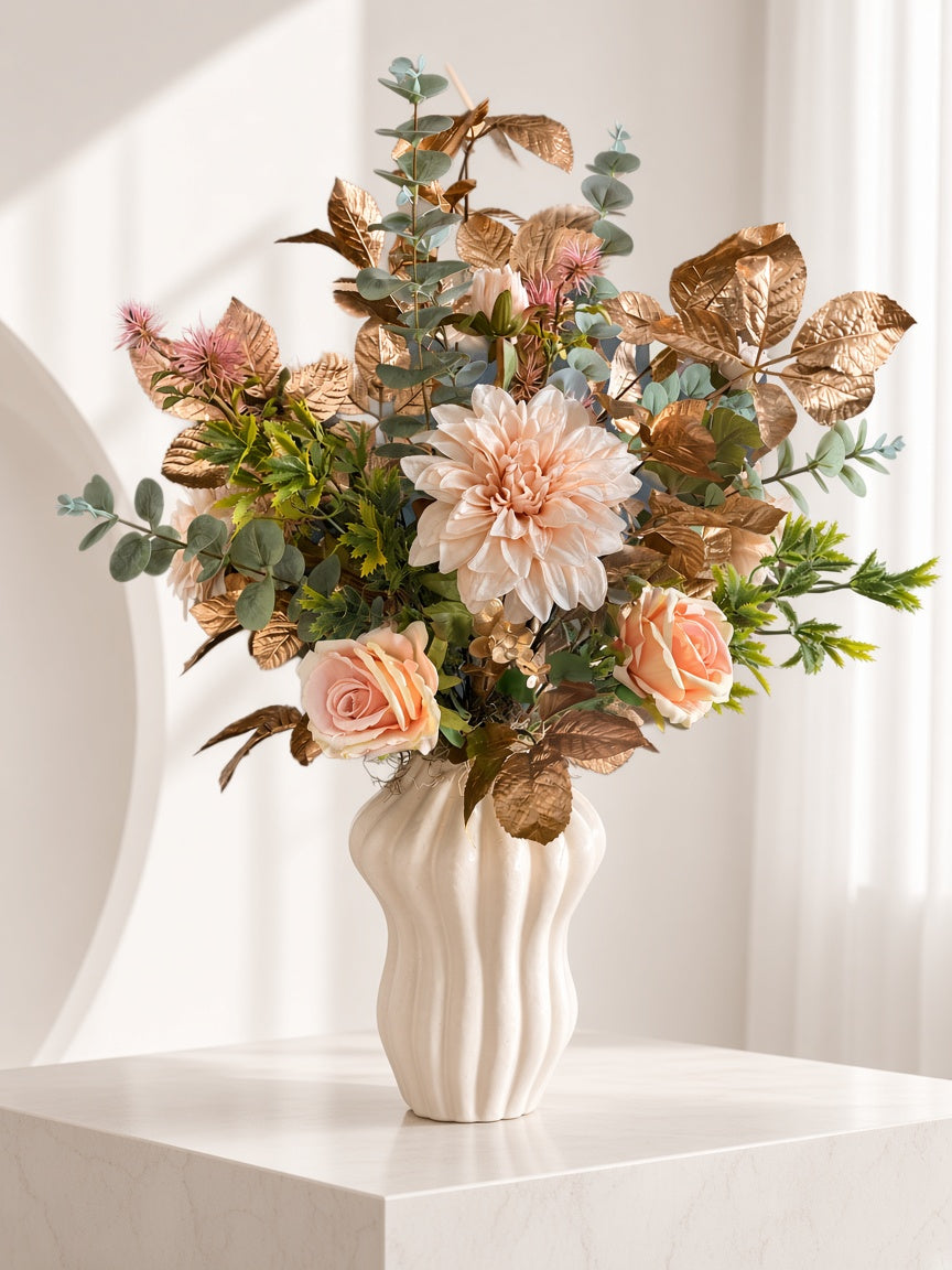 Luxe Vol Kunstbloemstuk met Vaas – Champagne, Perzik & Crème 80cm