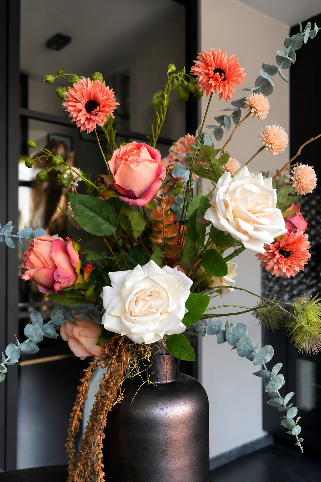 Champagne Elegance – Luxe Zijdebloemen Arrangement met Rozen, Gerbera’s & Eucalyptus