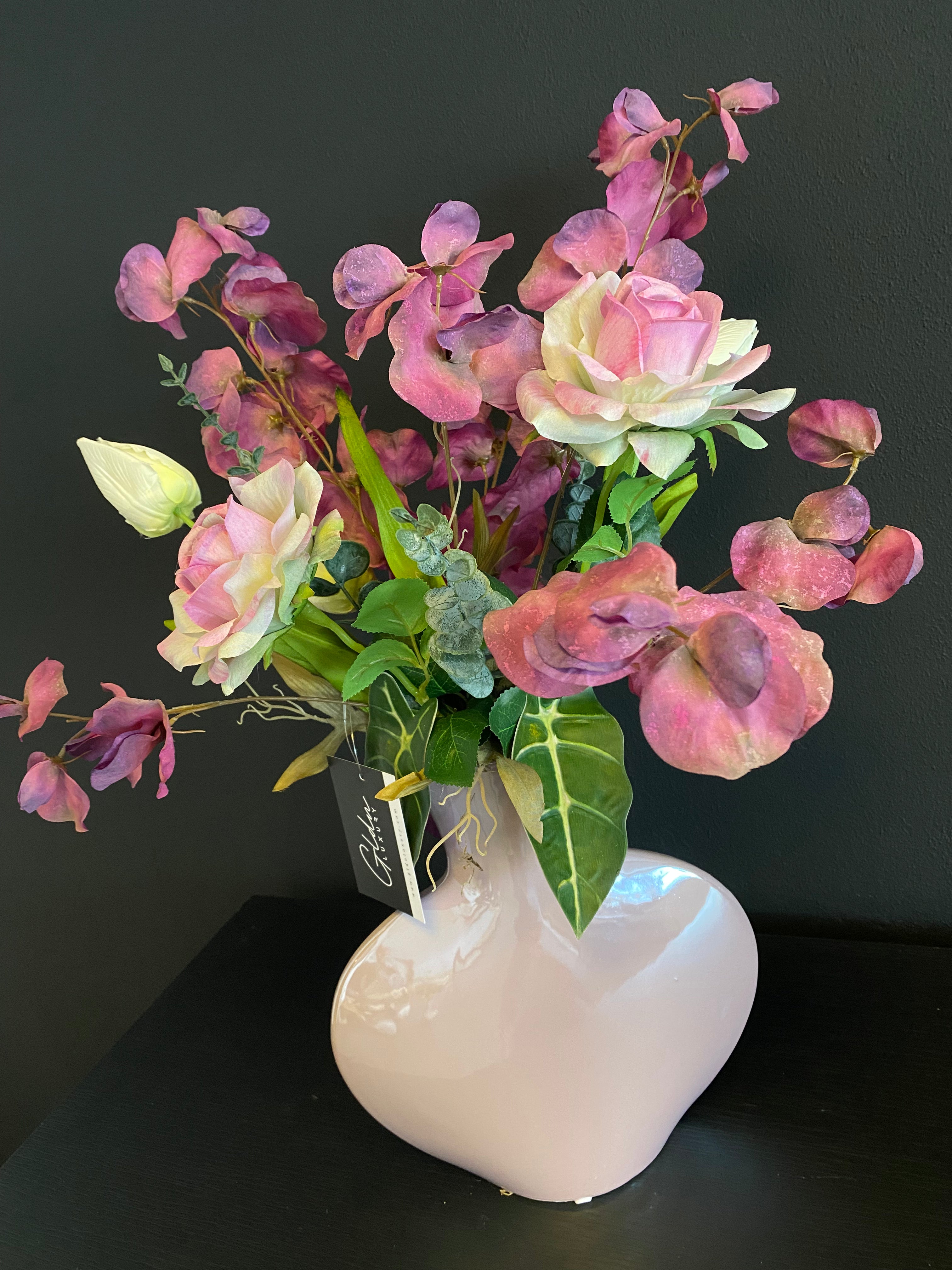 Luxe Paars-Roze Kunstbloemstuk met Roze / Paarse Designvaas | 50 cm